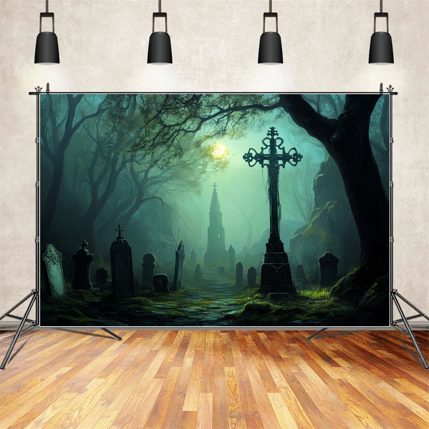 Graveyard Backdrop Moonlit Haunted Graveyard Path Halloween Photo Backdrop UK CSH58-97