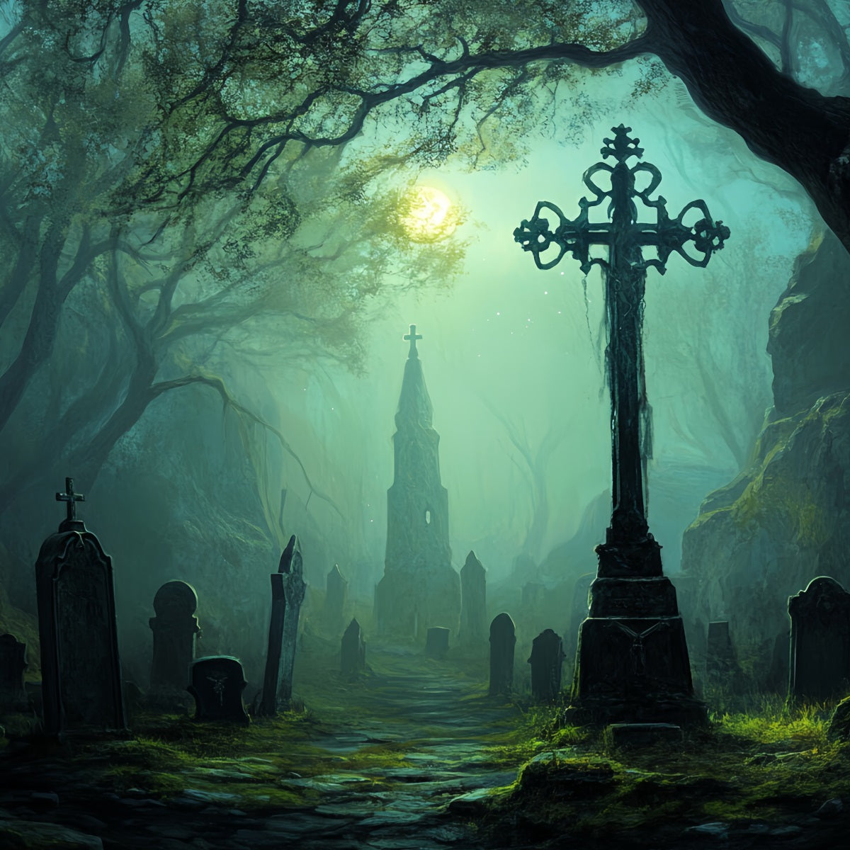 Graveyard Backdrop Moonlit Haunted Graveyard Path Halloween Photo Backdrop UK CSH58-97