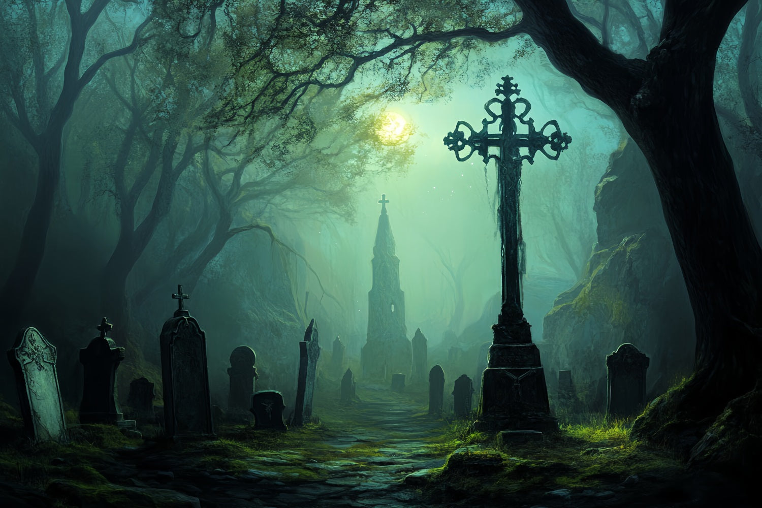 Graveyard Backdrop Moonlit Haunted Graveyard Path Halloween Photo Backdrop UK CSH58-97