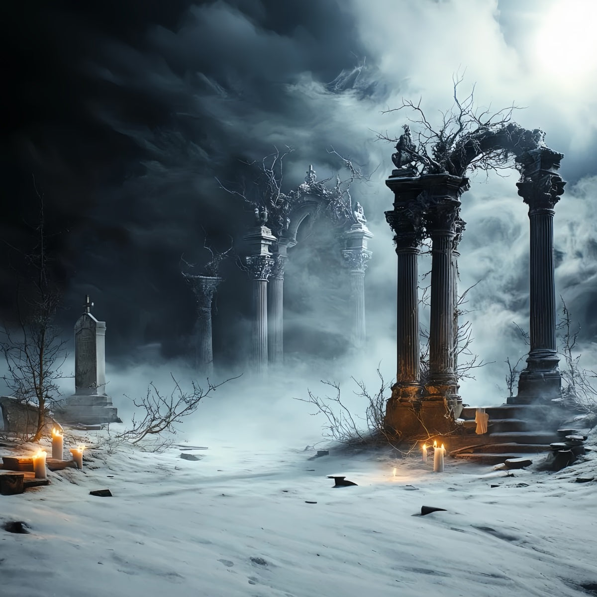 Graveyard Backdrop Candlelit Gothic Ruins Halloween Backdrops for Photos UK CSH58-99