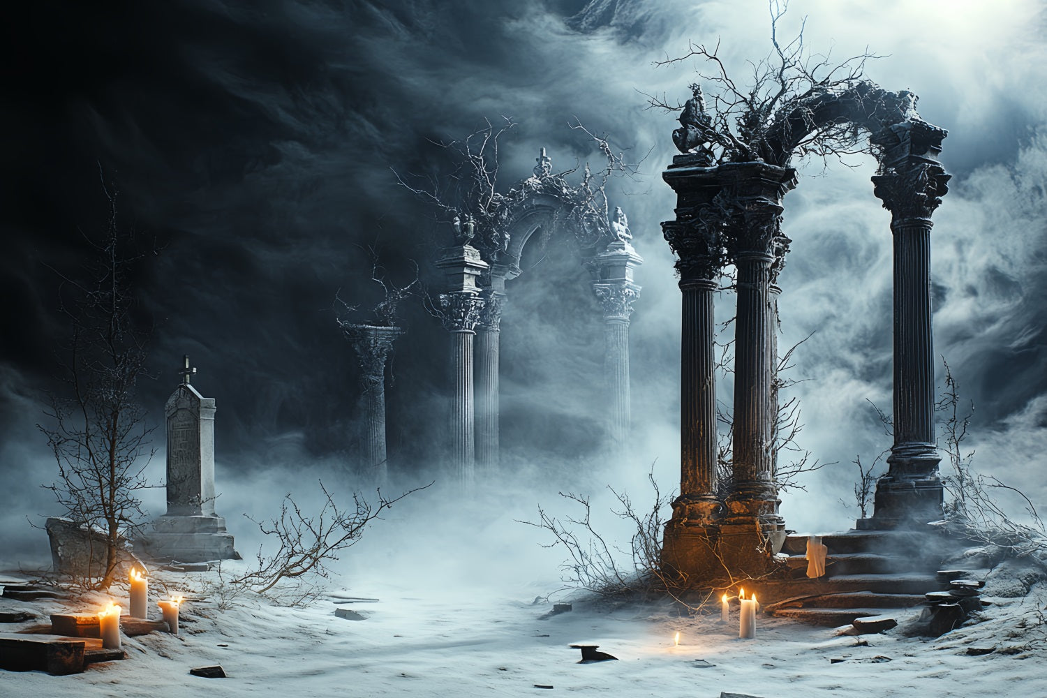 Graveyard Backdrop Candlelit Gothic Ruins Halloween Backdrops for Photos UK CSH58-99