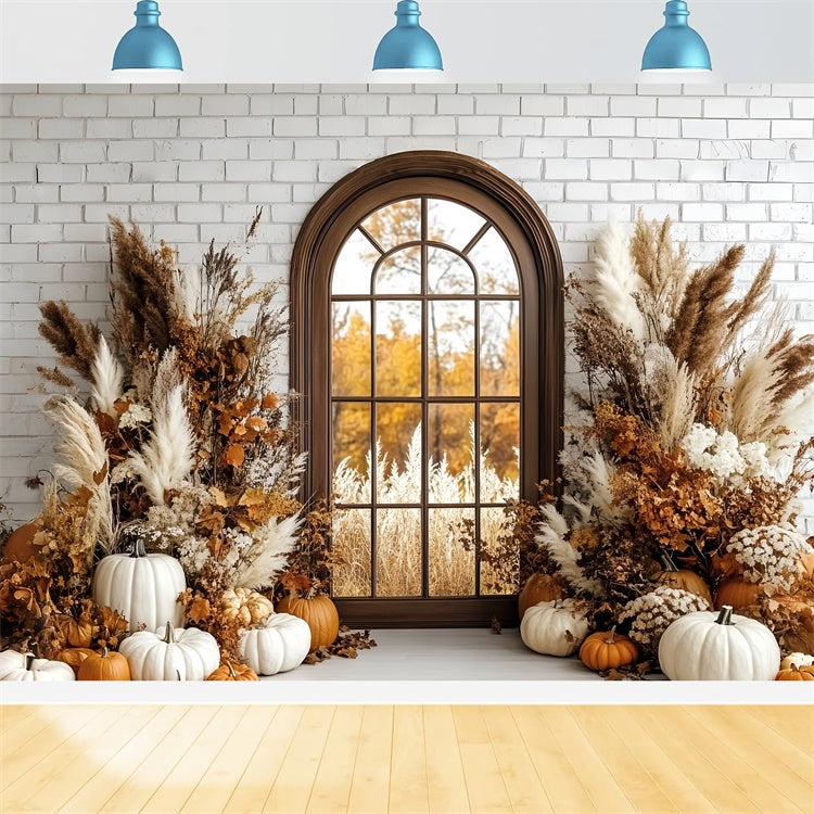 Boho Photo Backdrop Brick Pumpkin Porch Autumn Backdrops UK CSH6-184