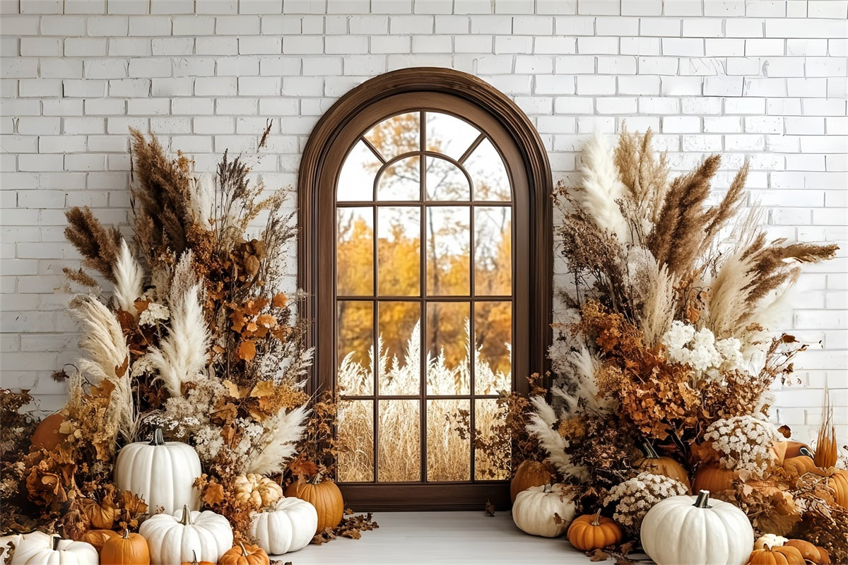 Boho Photo Backdrop Brick Pumpkin Porch Autumn Backdrops UK CSH6-184