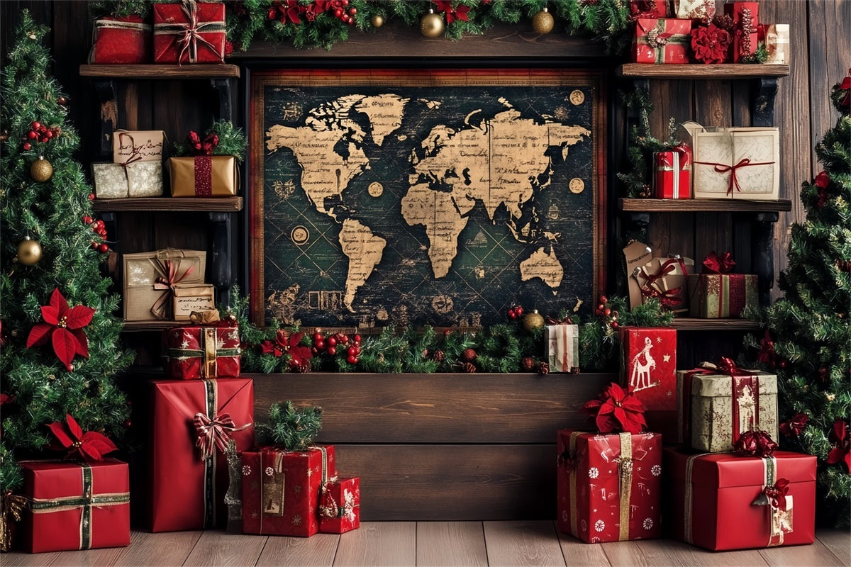 Christmas Backdrops Vintage Map Holiday Gift Backdrop UK CSH6-259