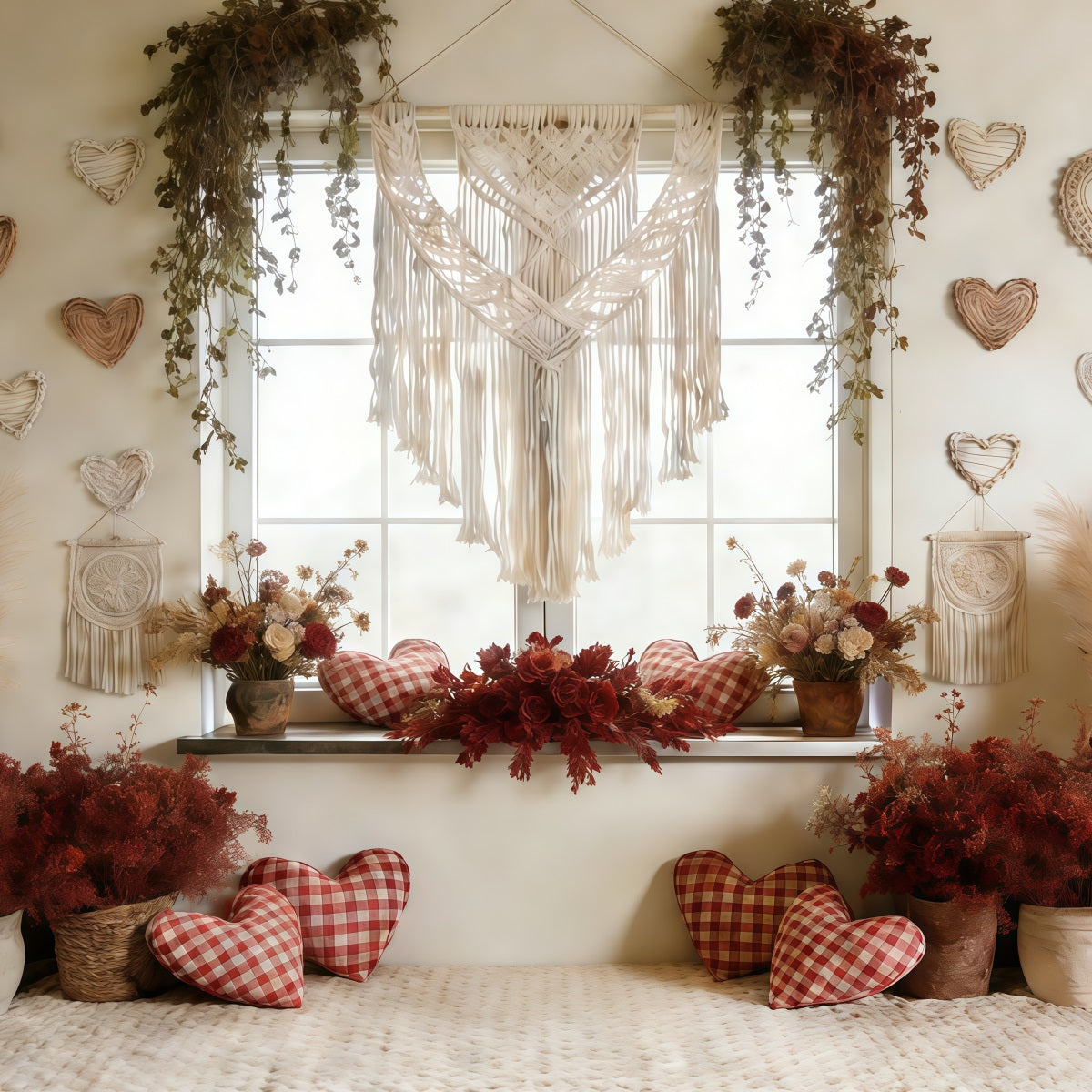 Boho Floral Valentine's Day Backdrop Macrame Heart Window Valentine Backdrop For Pictures UK CSH61-117