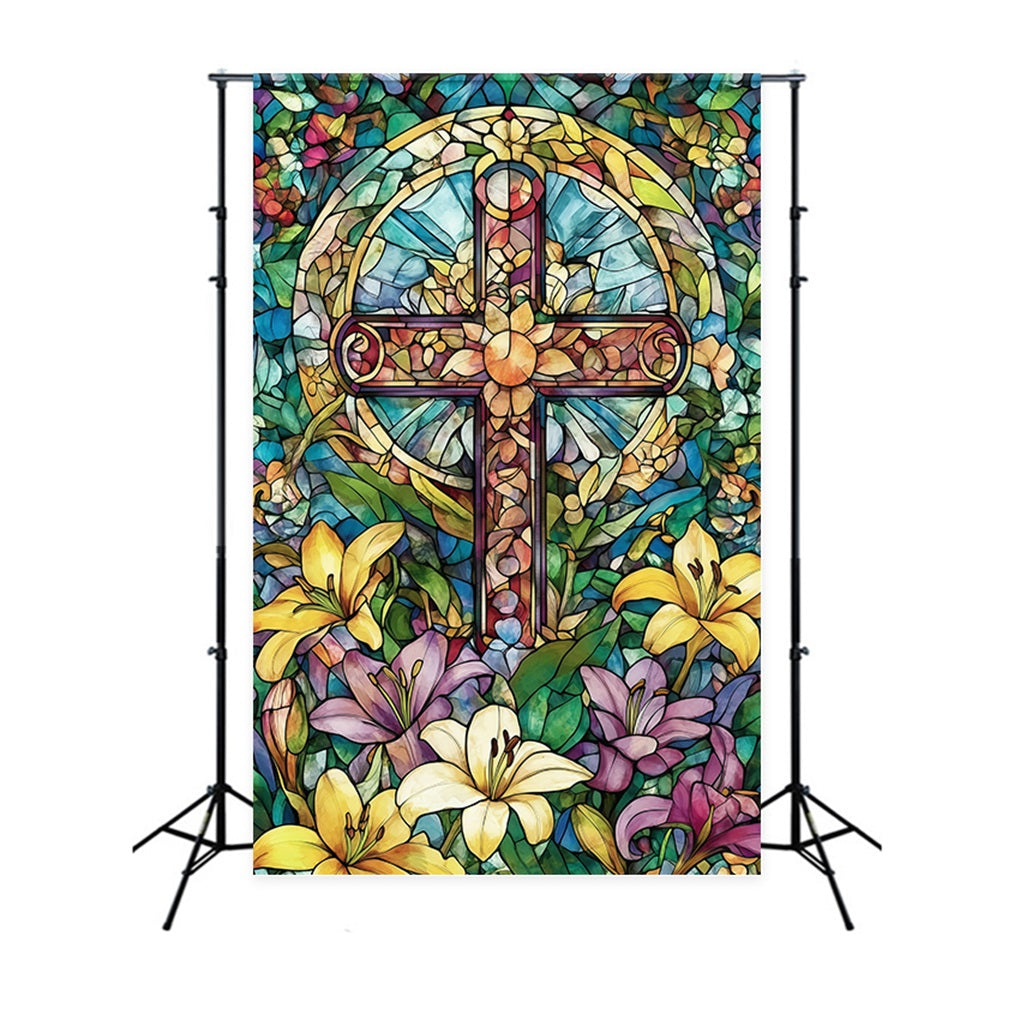 Stained Glass Window Backdrop Floral Cross Church Gothic Easter Backdrops UK CSH61-14
