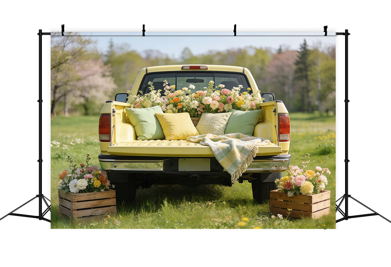 Picnic Backdrop Ideas Vintage Yellow Truck Blooms Cheap Spring Photography Backdrops UK CSH61-146