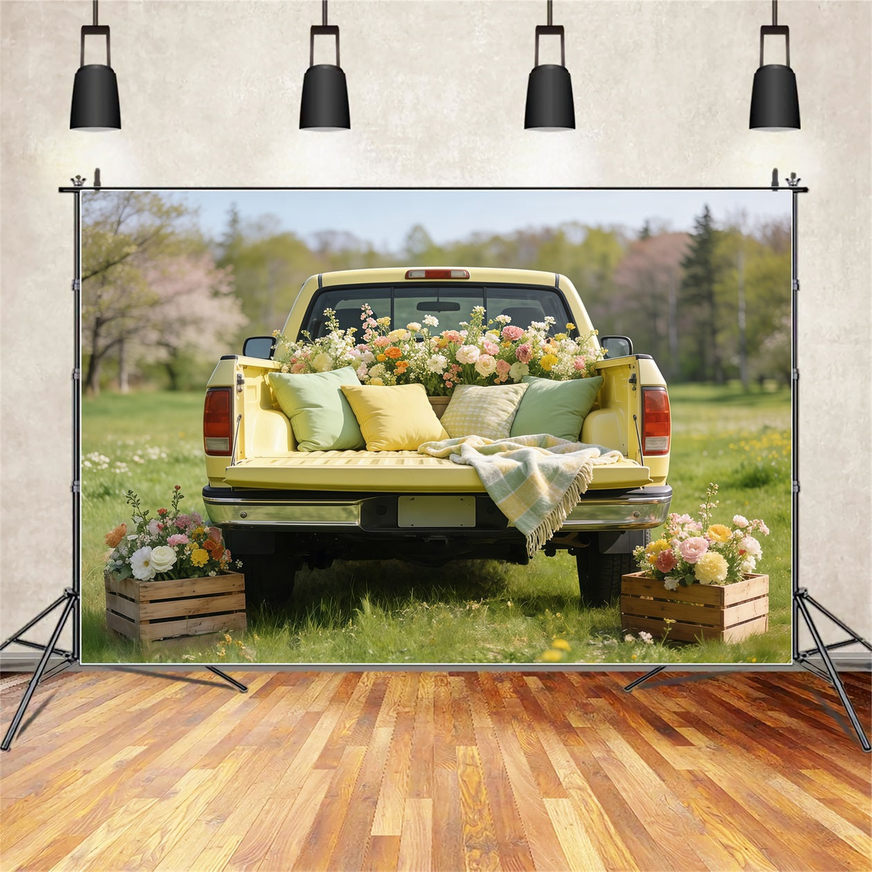 Picnic Backdrop Ideas Vintage Yellow Truck Blooms Cheap Spring Photography Backdrops UK CSH61-146