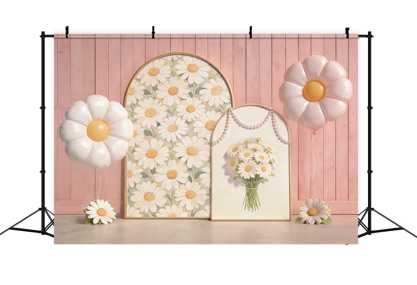 Daisy Flower Backdrop Pink Wooden Wall Arch Balloon Floral Backdrop For Pictures UK CSH61-151