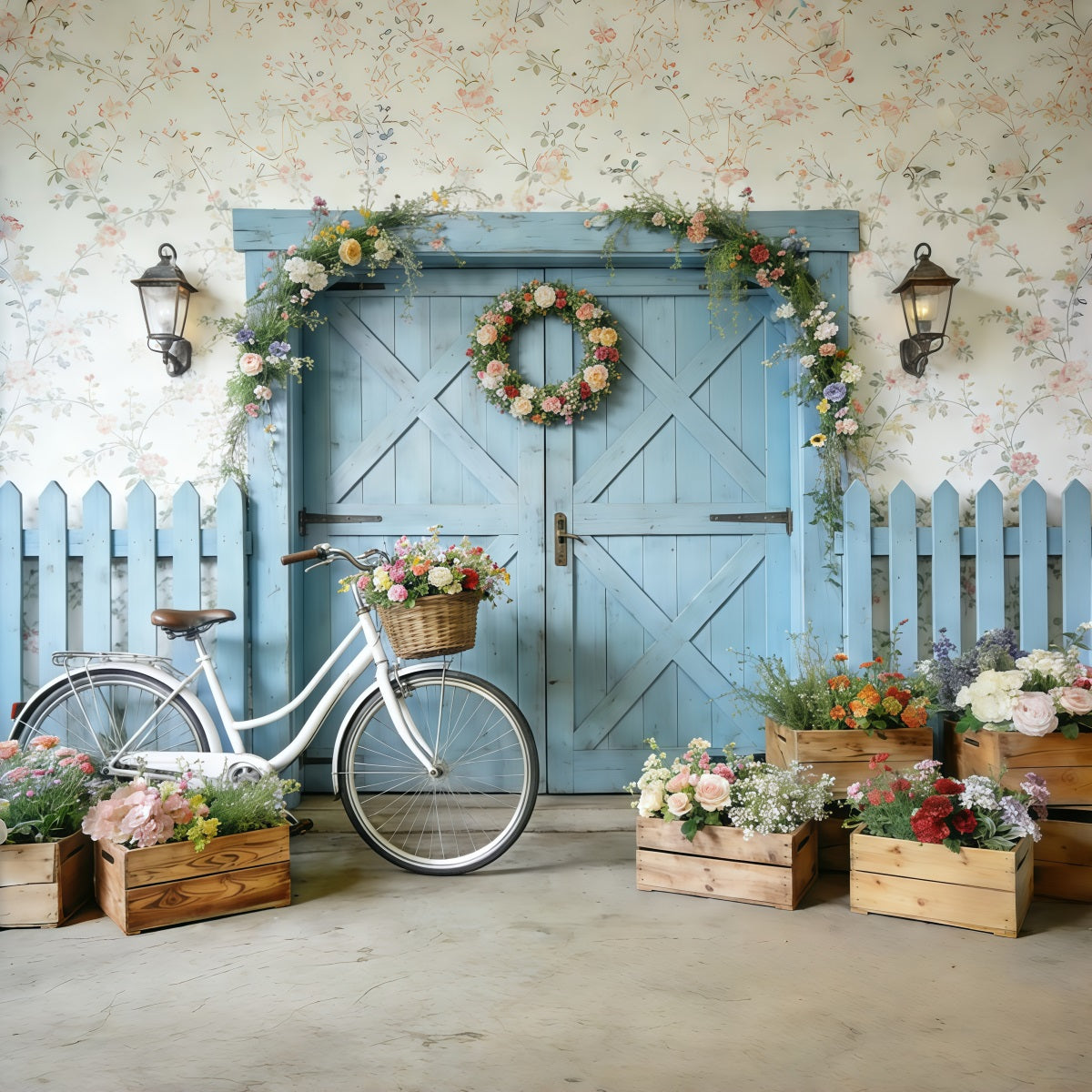 Bicycle Backdrop Blue Barn Door Bicycle Blooms Spring Backdrops UK CSH61-152