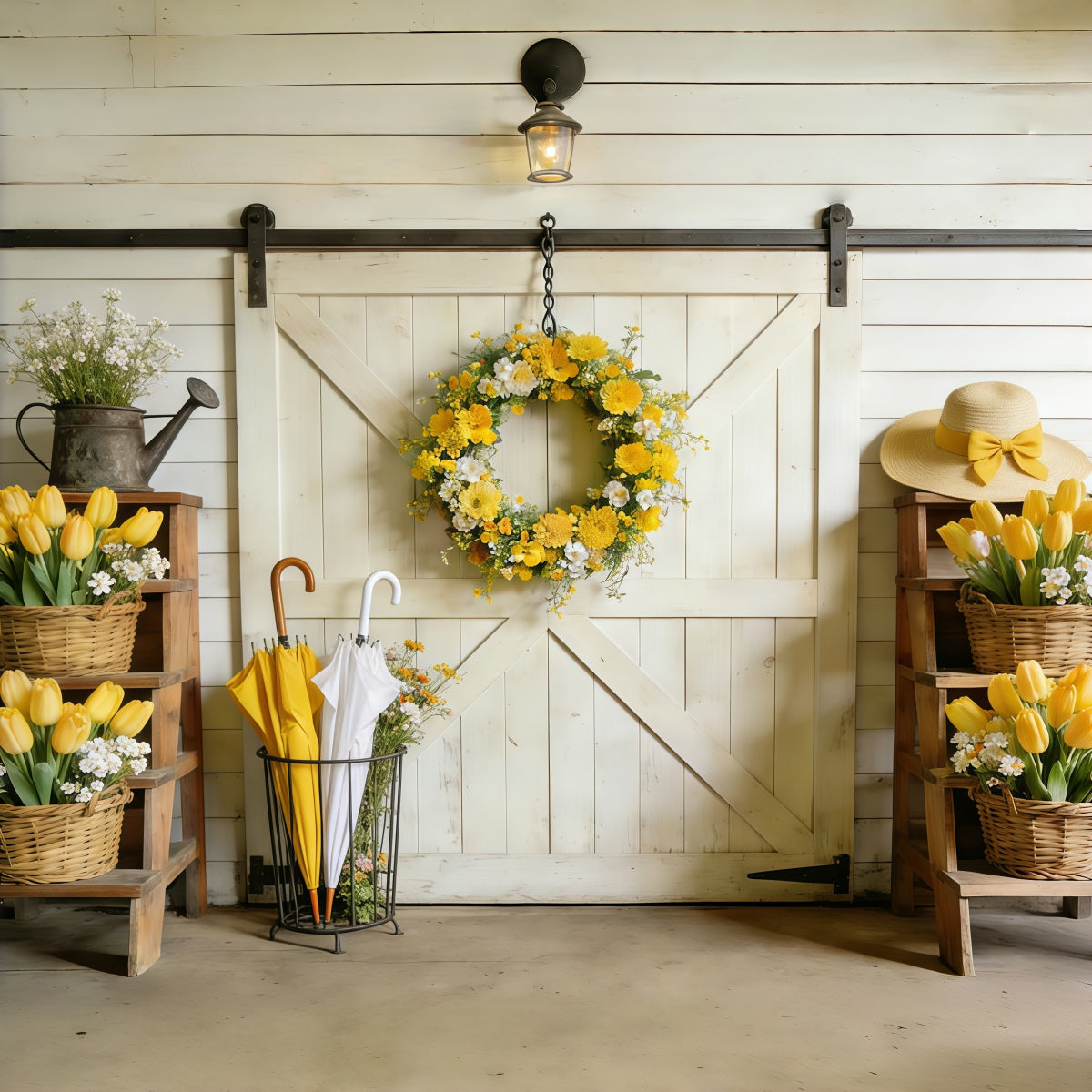 Spring Barn Door Photography Backdrop Yellow Tulip Barn Door Spring Photo Backdrop Ideas UK CSH61-163
