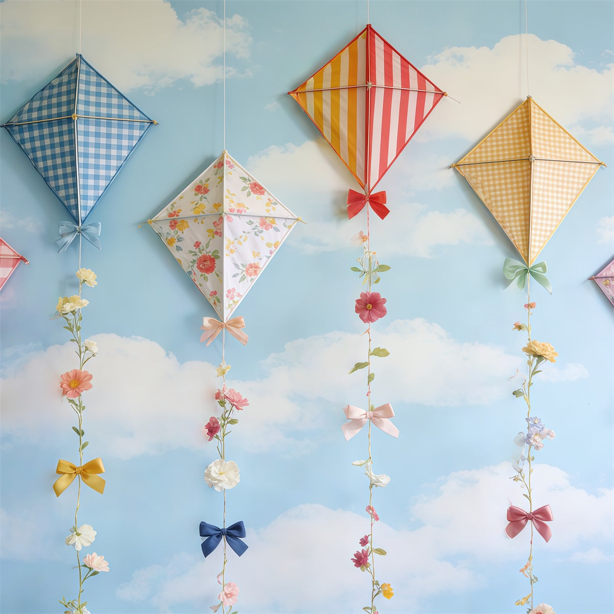 Spring Kite Backdrop Sky Cloud Pastel Bow Flowers Spring Photography Backdrop UK CSH61-165