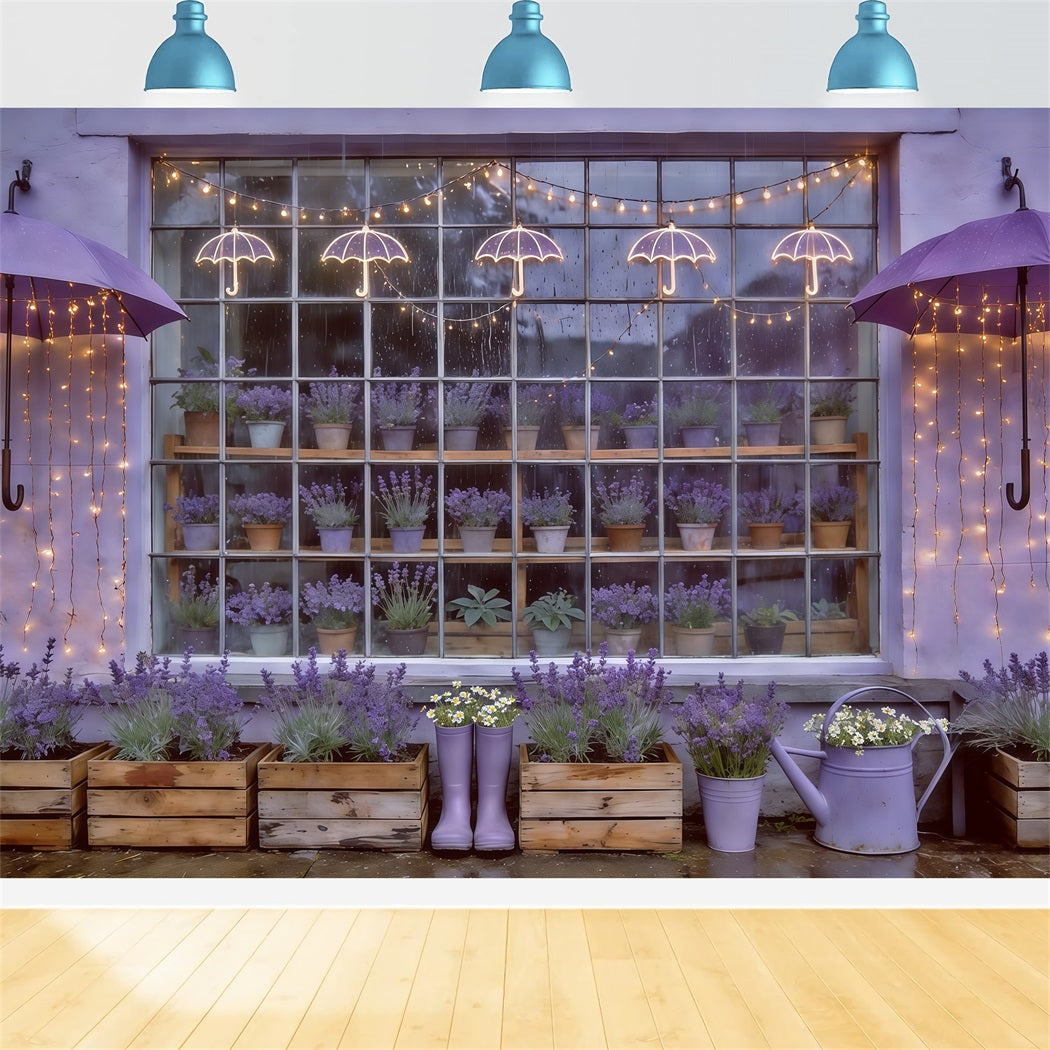 Spring Umbrella And Rain Boots Backdrop Lavender Garden Window Lights Springtime Backdrop UK CSH61-166