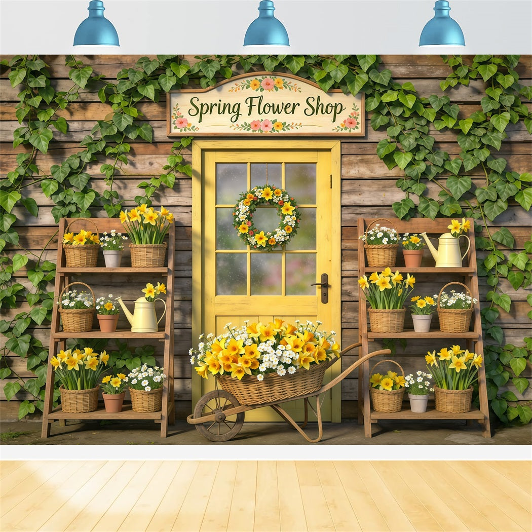 Spring Flower Shop Backdrop Yellow Door Floral Baskets Spring Theme Backdrop UK CSH61-169
