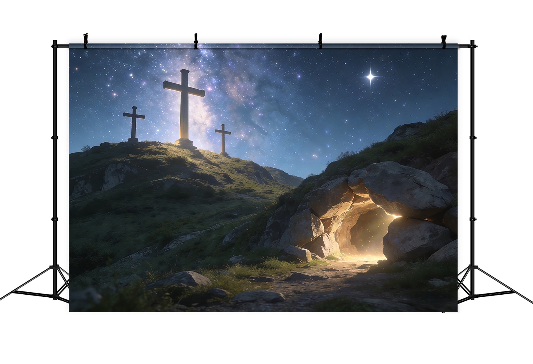 Christian Easter Backdrop Starlit Cross Hill Empty Tomb Easter Backdrops UK CSH61-19