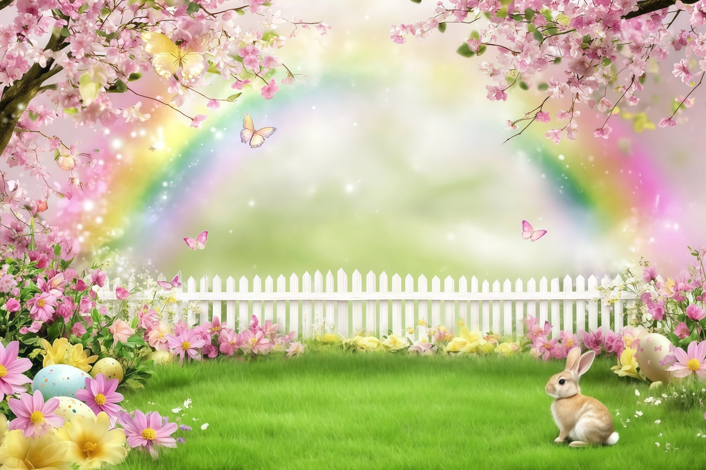 Easter Bunny Photo Backdrop Rainbow Blossom Meadow flowers Easter Backdrop Photography UK CSH61-36