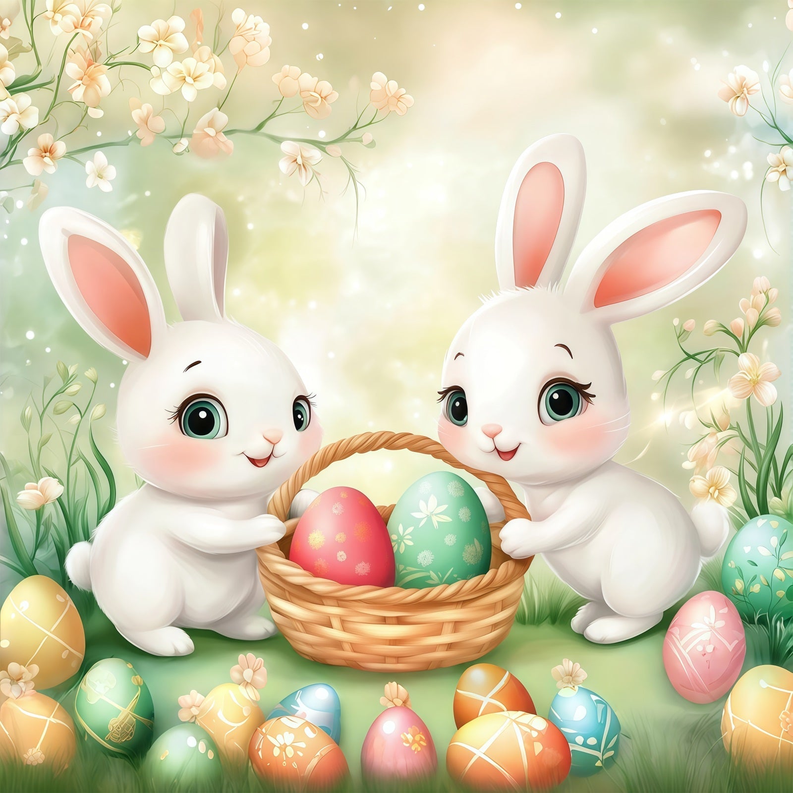 Easter Egg Hunt Backdrop Cartoon Bunny Basket Meadow Easter Picture Backdrops UK CSH61-50