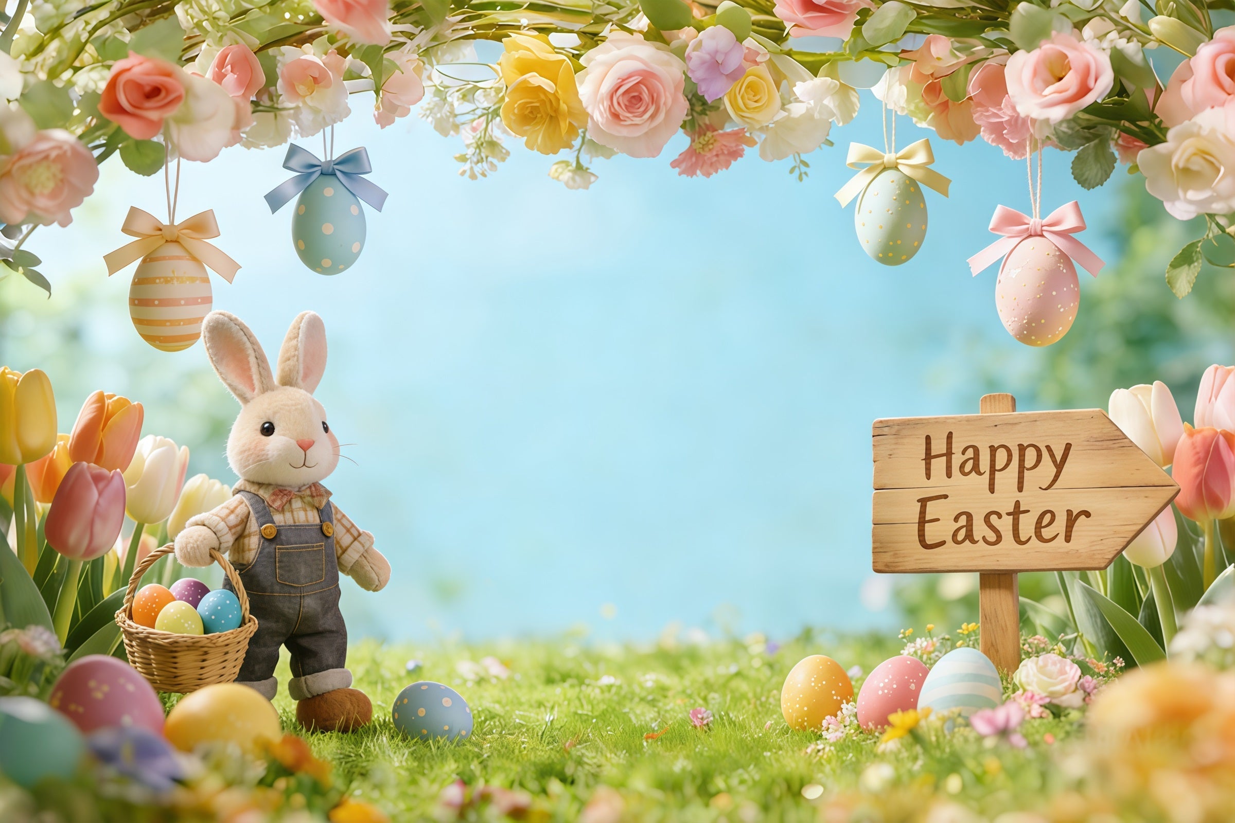 Easter Bunny Backdrop For Photos Flowering Branches Meadow Eggs Easter Photo Backdrop UK CSH61-53