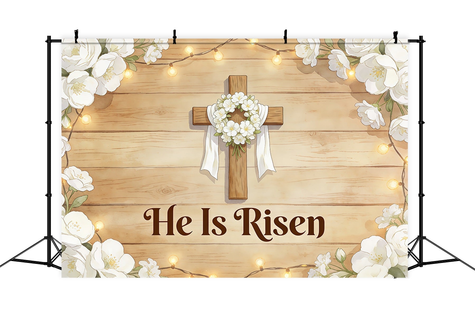 Easter He Is Risen Backdrop Cross Wreath White Flowers Photography Easter Backdrop UK CSH61-80