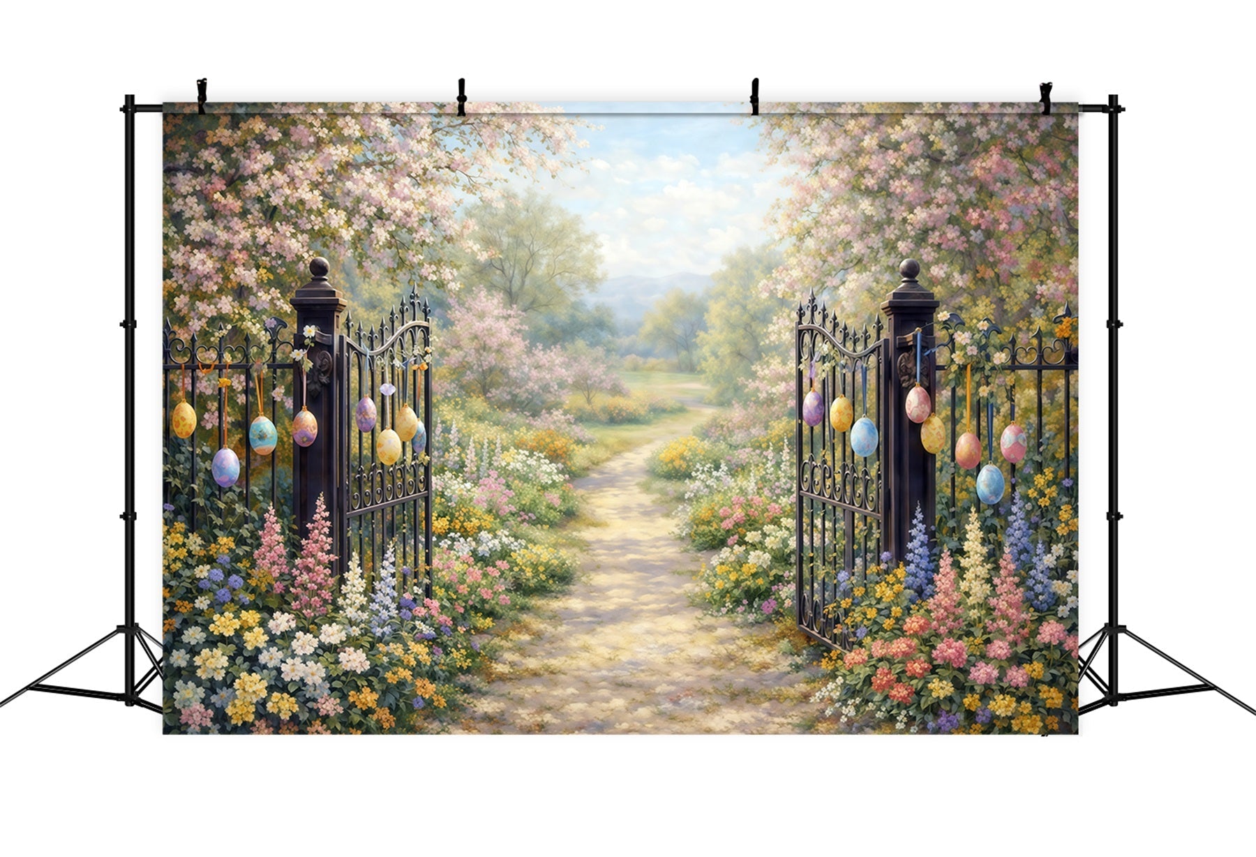 Easter Vintage Floral Backdrop Garden Gate Blossom Path Eggs 10x10 Easter Backdrops UK CSH61-93