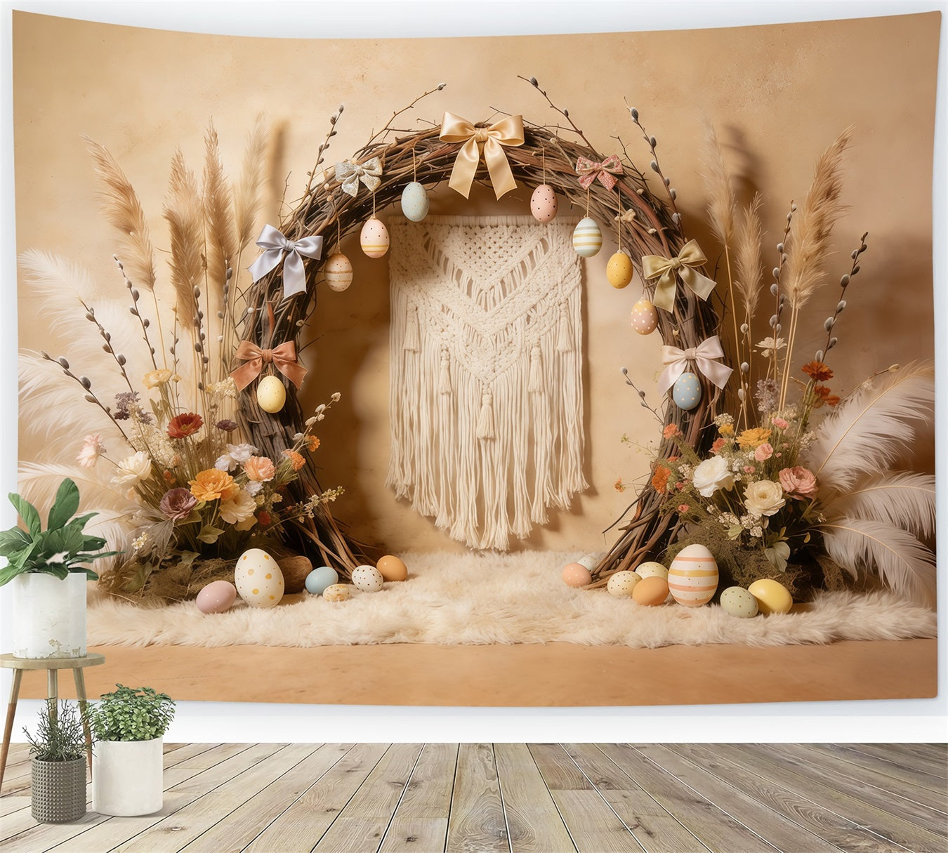 Easter Boho Backdrop Rustic Arch Pastel Eggs Bows 10x10 Easter Backdrops UK CSH61-95