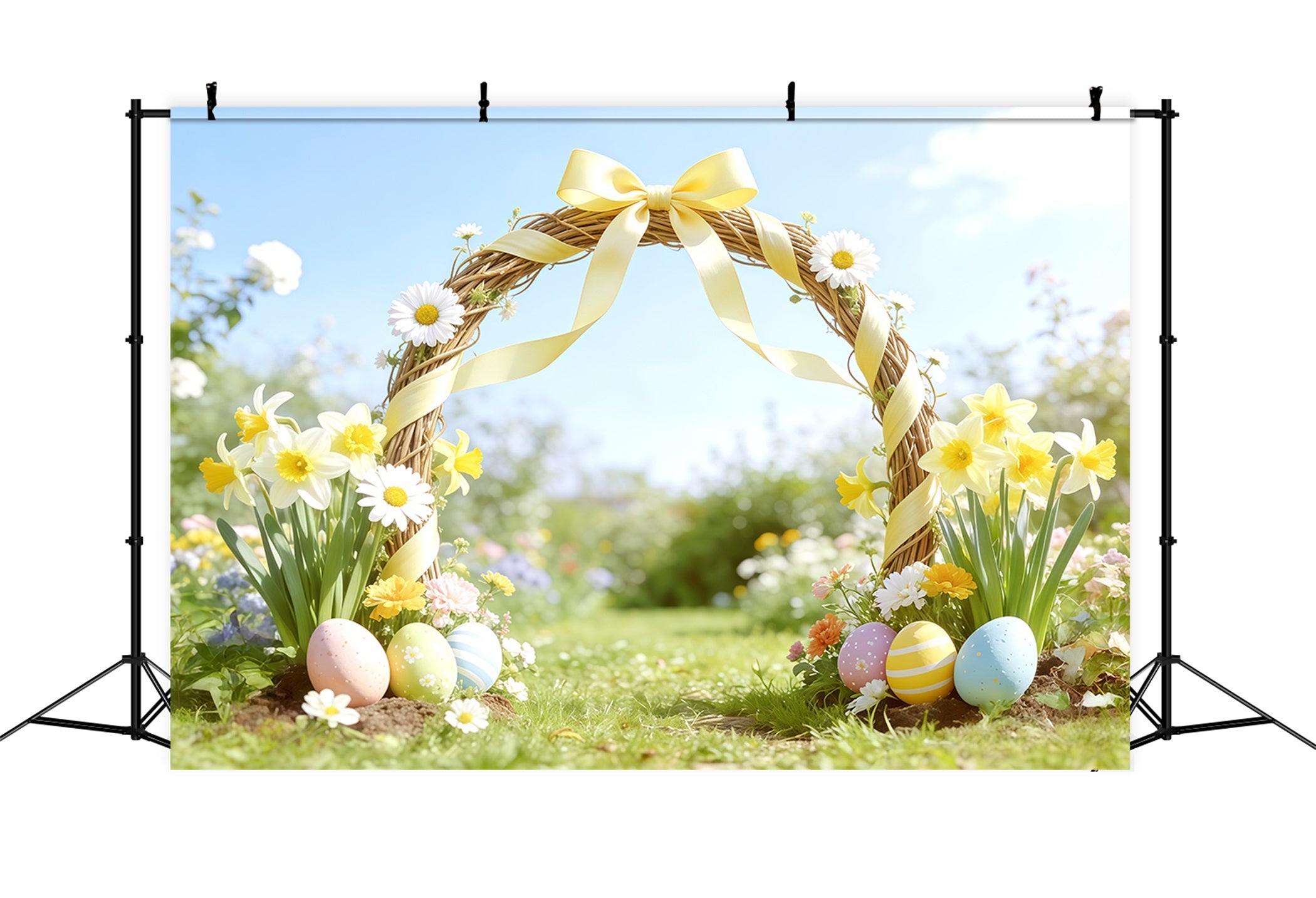 Easter Spring Garden Arch Backdrop Yellow Bow Daffodil,l Arch Happy Easter Photo Backdrop UK CSH62-101