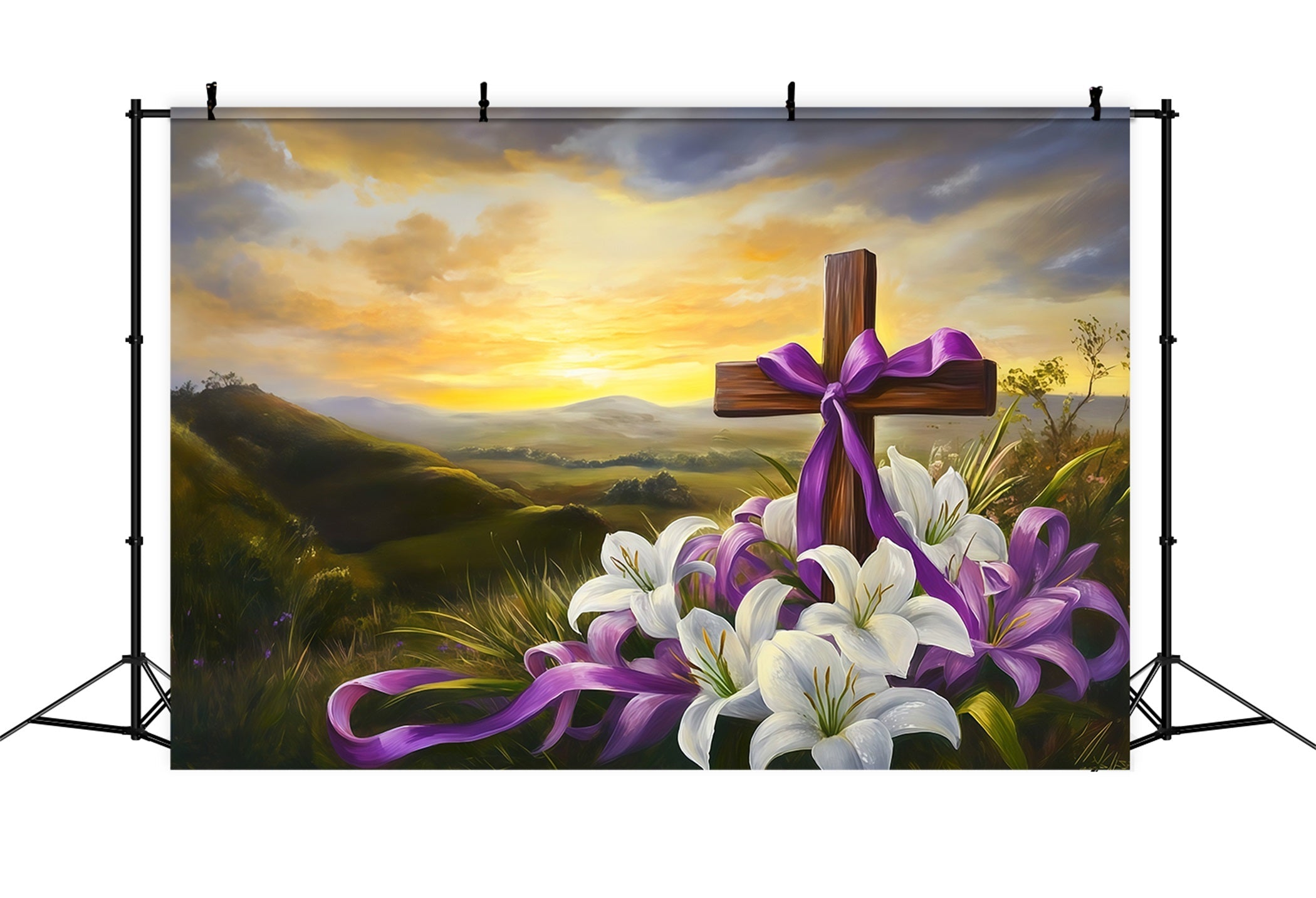 Easter Cross And Lilies Backdrop Sunset Mountain Religious Photo Backdrops For Easter UK CSH62-103