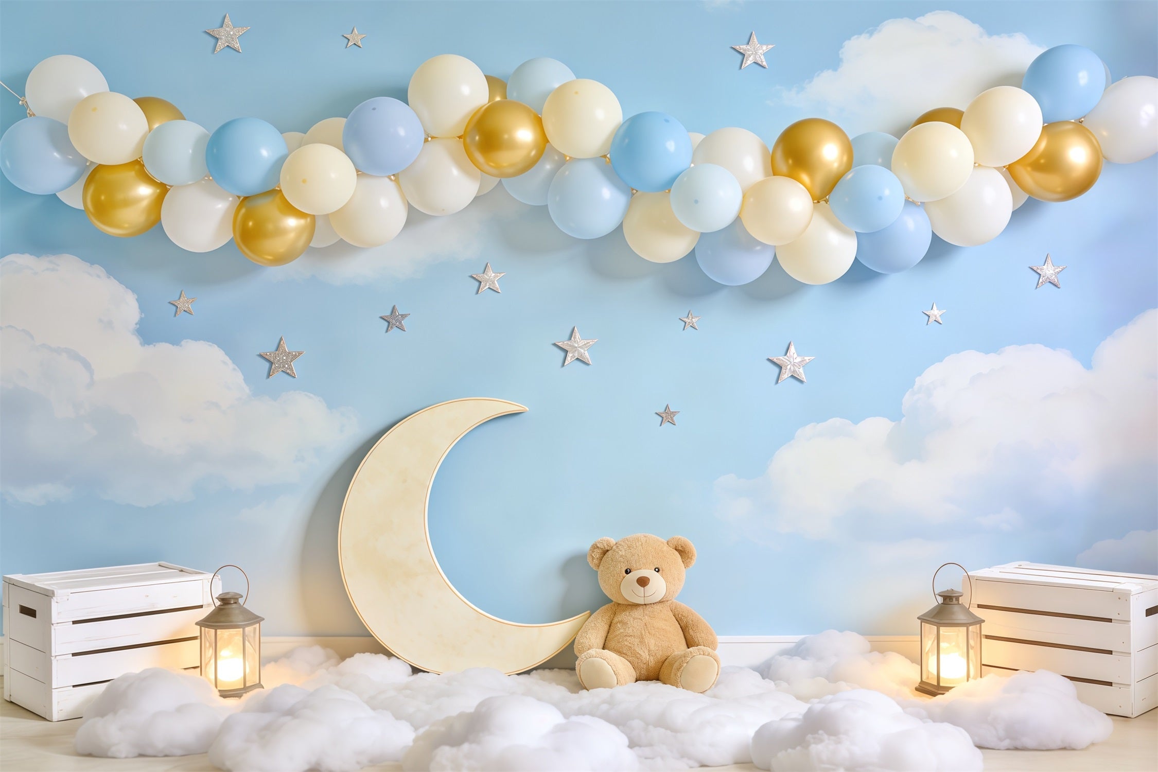 Sky Clouds Backdrop Moon Teddy Bear Balloon Arch Newborn Backdrop UK CSH62-140