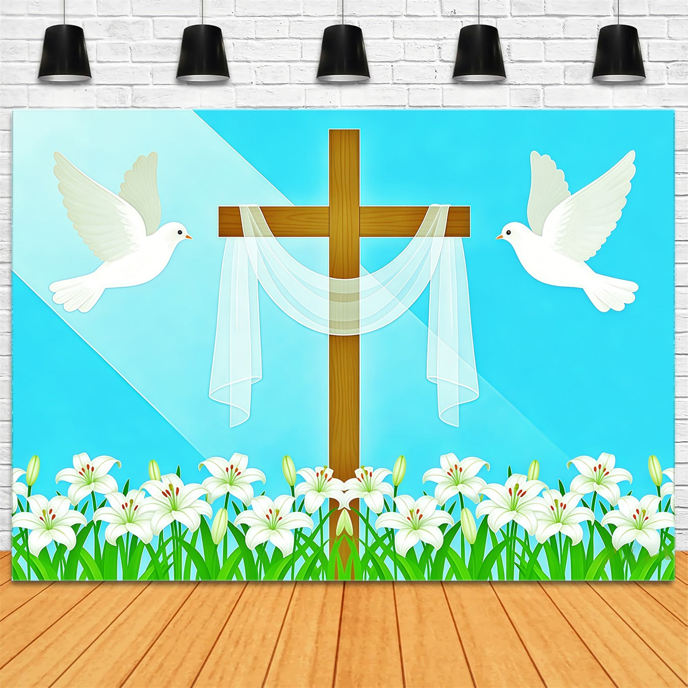 Cross And Lilies Backdrop Doves Religious Light Beam Easter Backdrop Photos UK CSH62-68