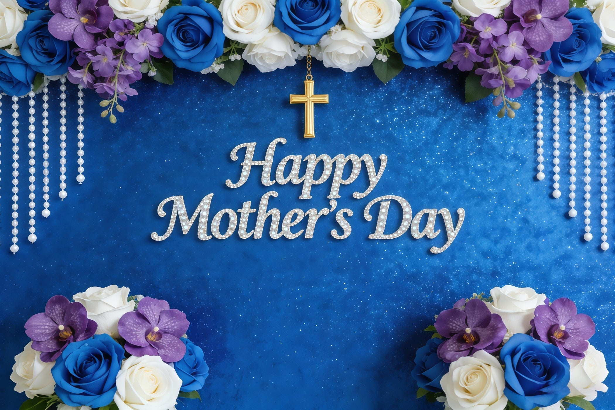 Mothers Day Church Backdrop Blue Rose Orchid Pearl Cross Mother's Day Backdrop Design UK CSH63-100