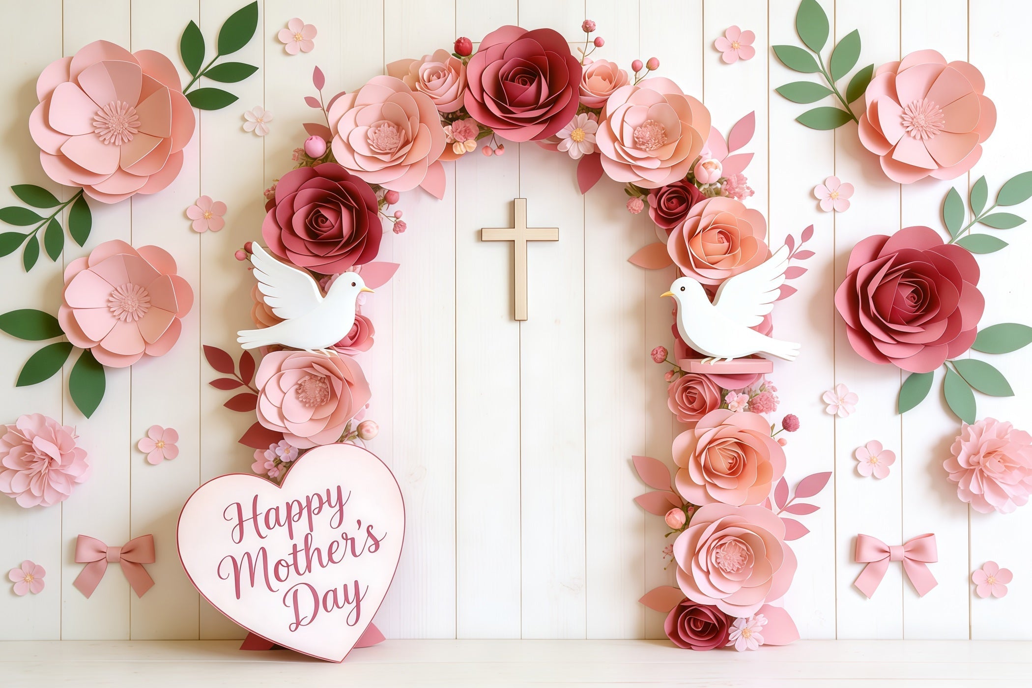 Mother's Day Church Backdrop Paper Rose Dove Cross Arch Mother's Day Photography Backdrops UK CSH63-102
