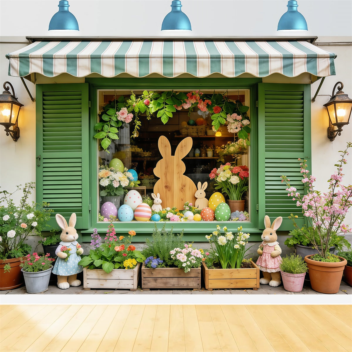 Easter European Garden Backdrop Green Window Bunny Egg Flowers Easter Party Backdrop UK CSH63-38