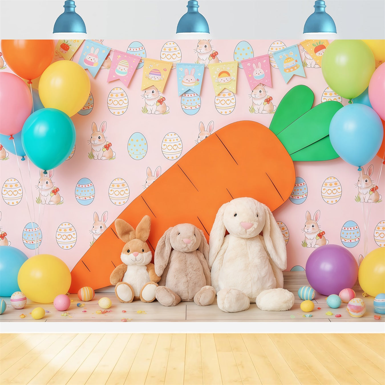 Easter Cute Backdrop Colorful Balloon Carrot Bunny Easter Theme Backdrop UK CSH63-42