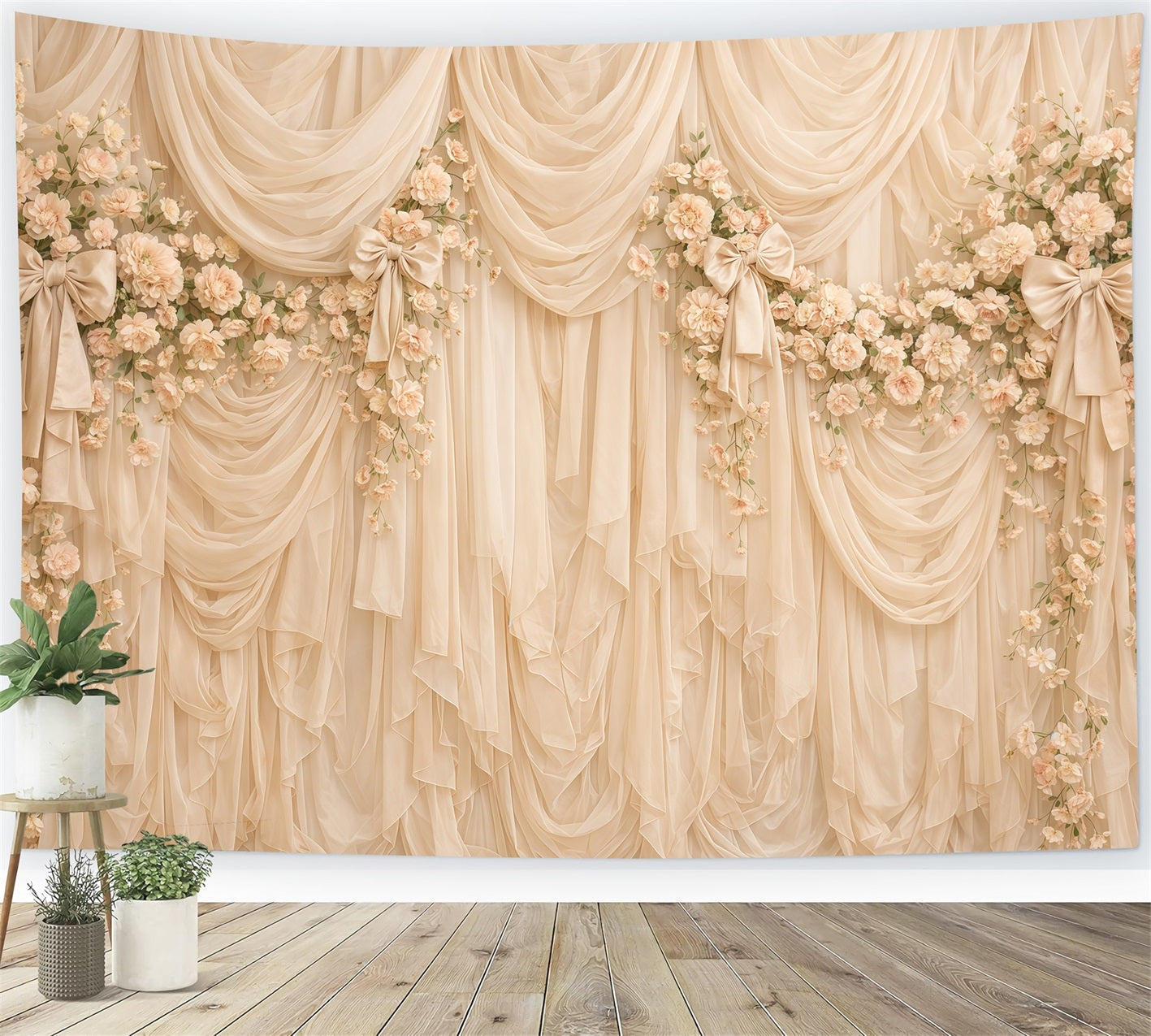 Ribbon Bow Mother's Day Backdrop Champagne Draped Floral Bow Mother's Day Backdrops UK CSH63-69