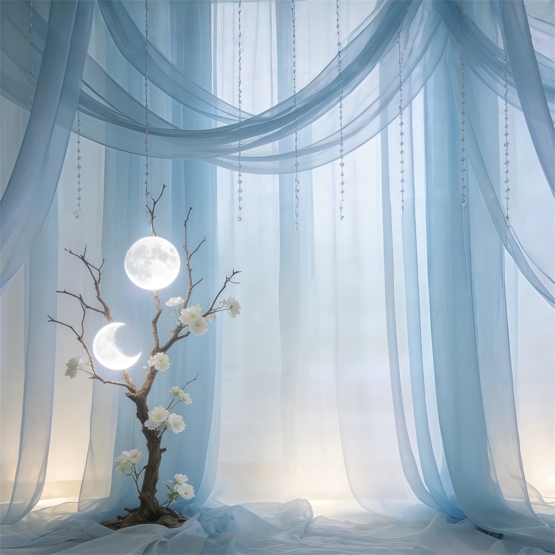 Sheer Curtains Mother's Day Backdrop Sky Blue Moonlit Draped Tree Mothers Day Backdrops UK CSH63-76