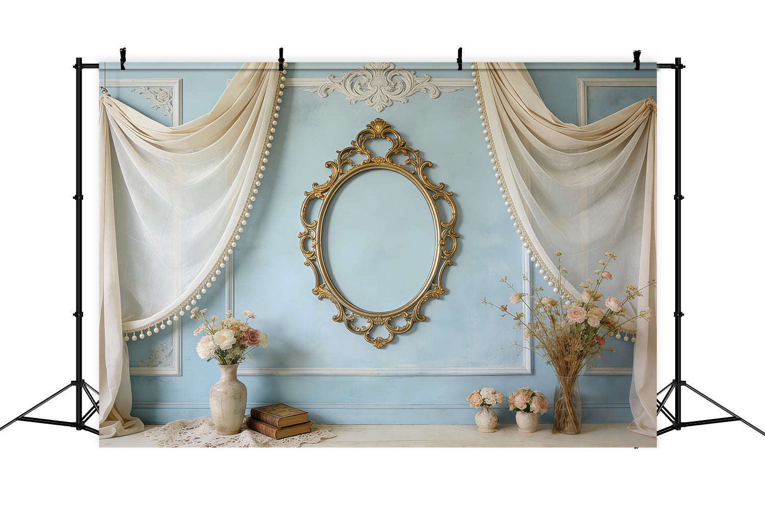 Photo Frame Mother's Day Backdrop Vintage Blue Mirror Floral Drapes Mothers Day Photo Backdrop UK CSH63-80