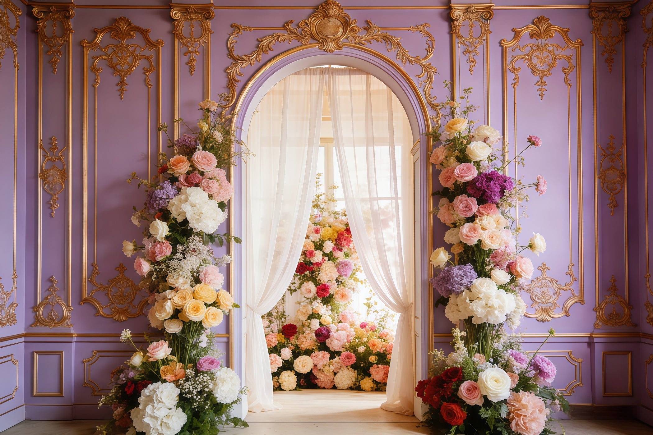 Rococo Floral Mother's Day Backdrop Lavender Palace Bloom Archway Mother's Day Photoshoot Backdrop UK CSH63-88