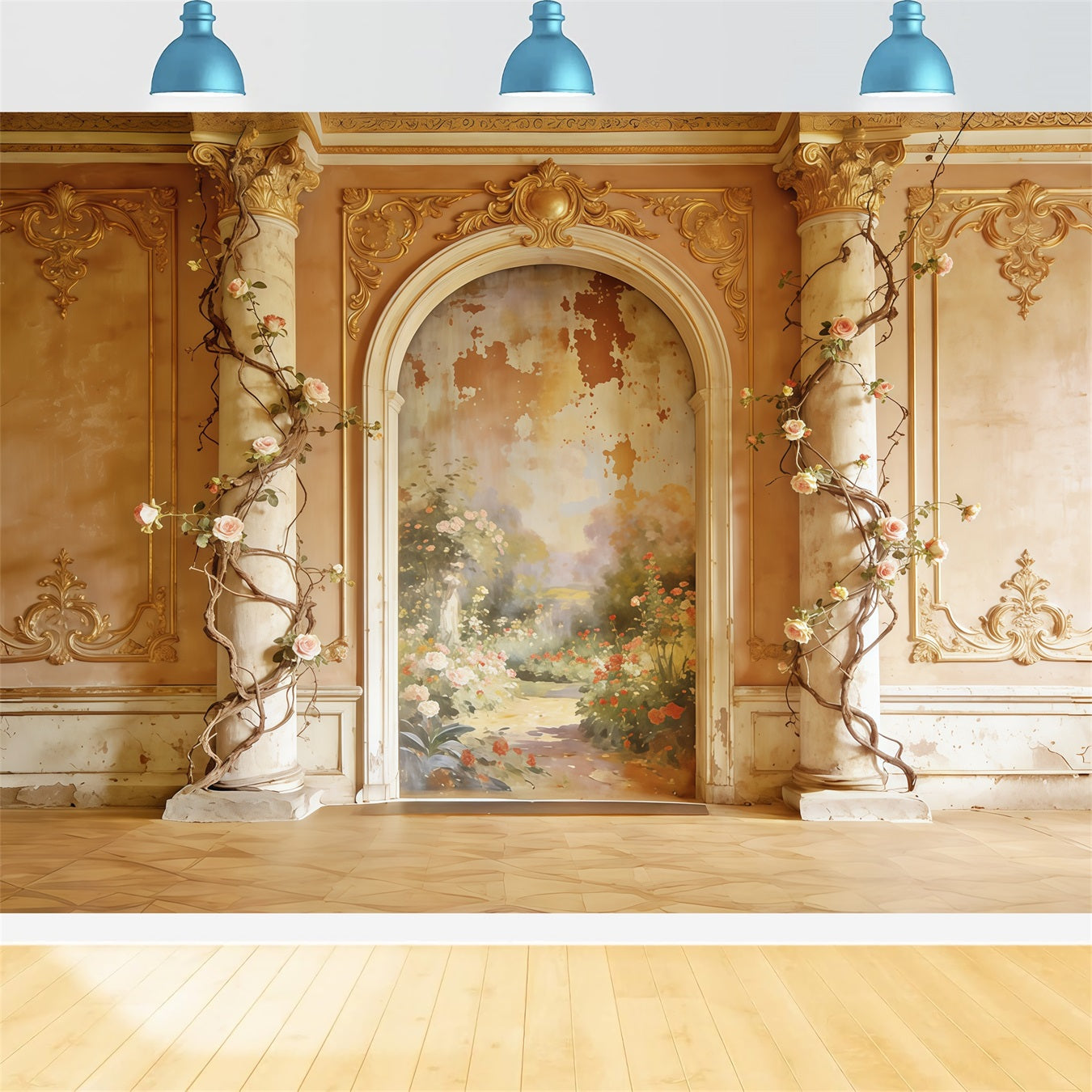Rococo Floral Mother's Day Backdrop Golden Garden Mural Archway Mother's Day Photoshoot Backdrop UK CSH63-89