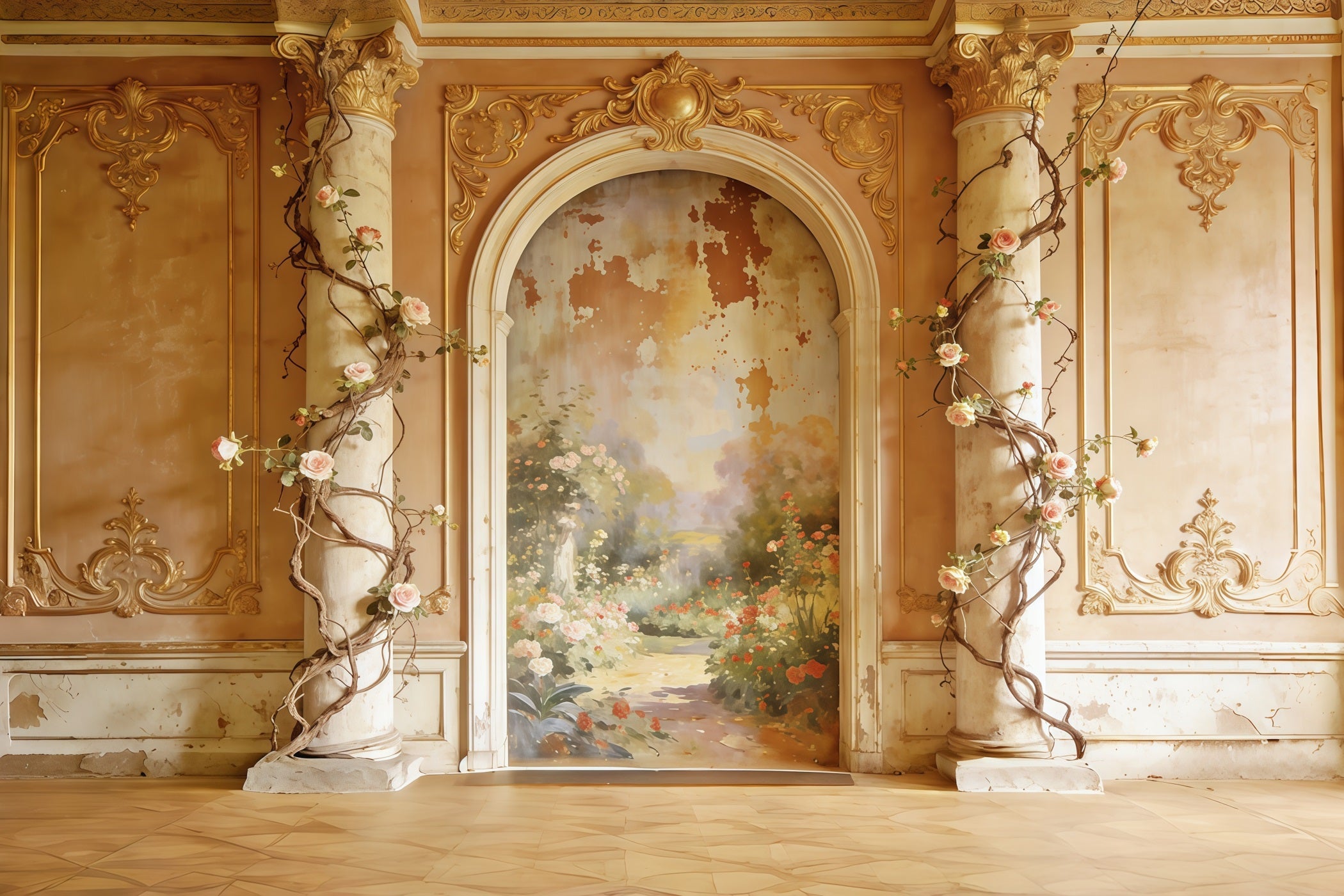Rococo Floral Mother's Day Backdrop Golden Garden Mural Archway Mother's Day Photoshoot Backdrop UK CSH63-89