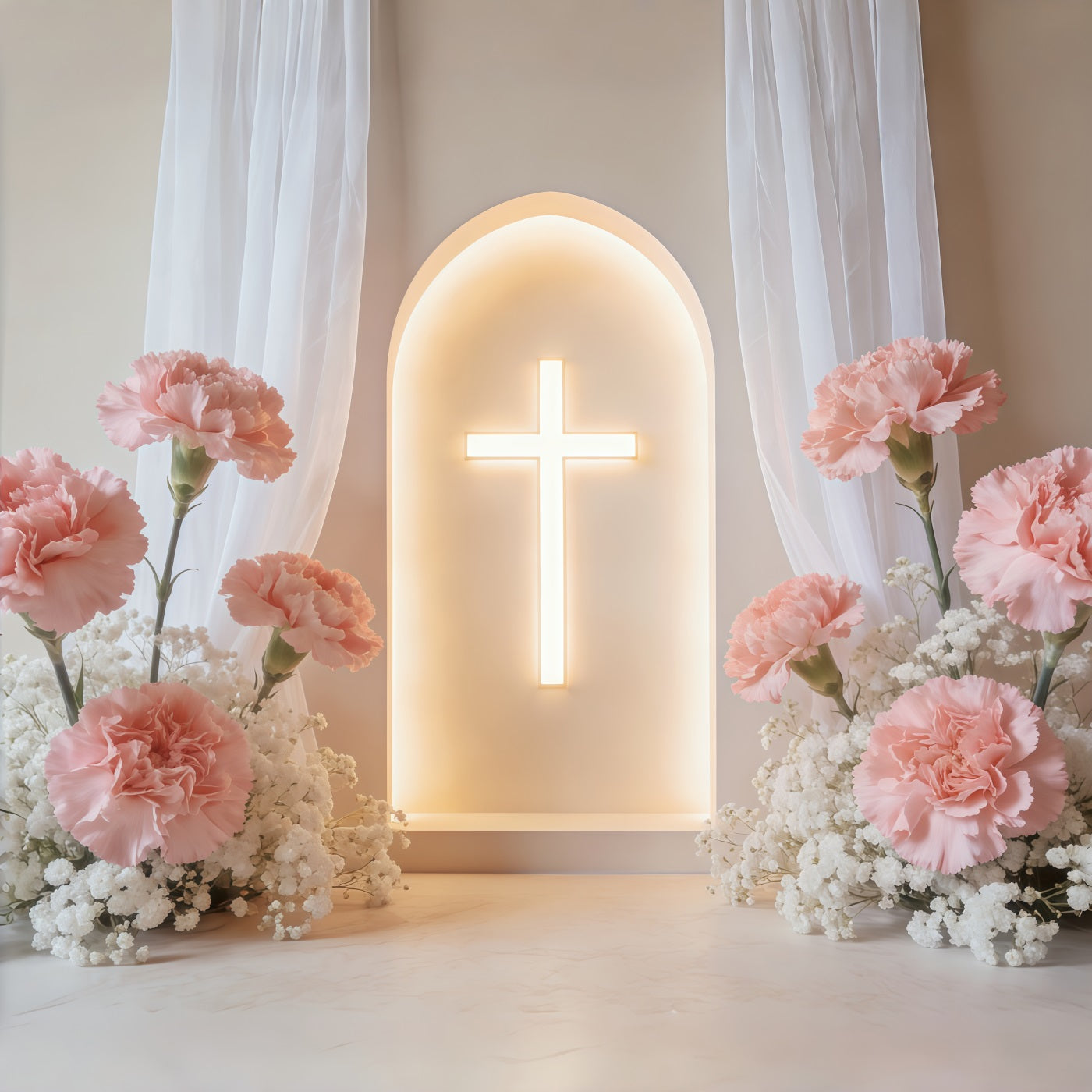 Mothers Day Backdrop For Church Glowing Carnation Cross Arch Backdrop Mother's Day UK CSH63-93