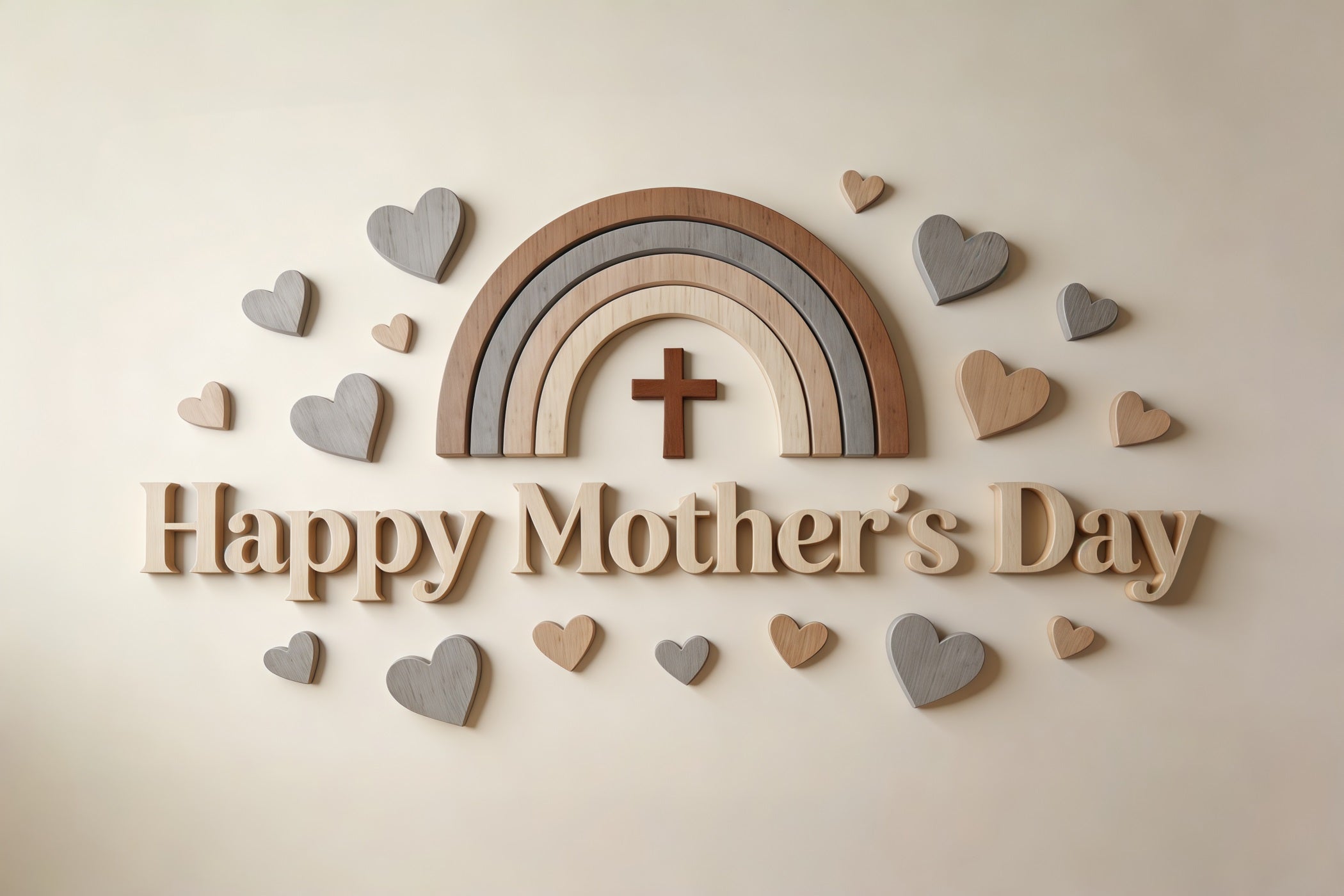Church Mother's Day Backdrop Ideas Neutral Wooden Rainbow Hearts Backdrop For Mothers Day UK CSH63-94