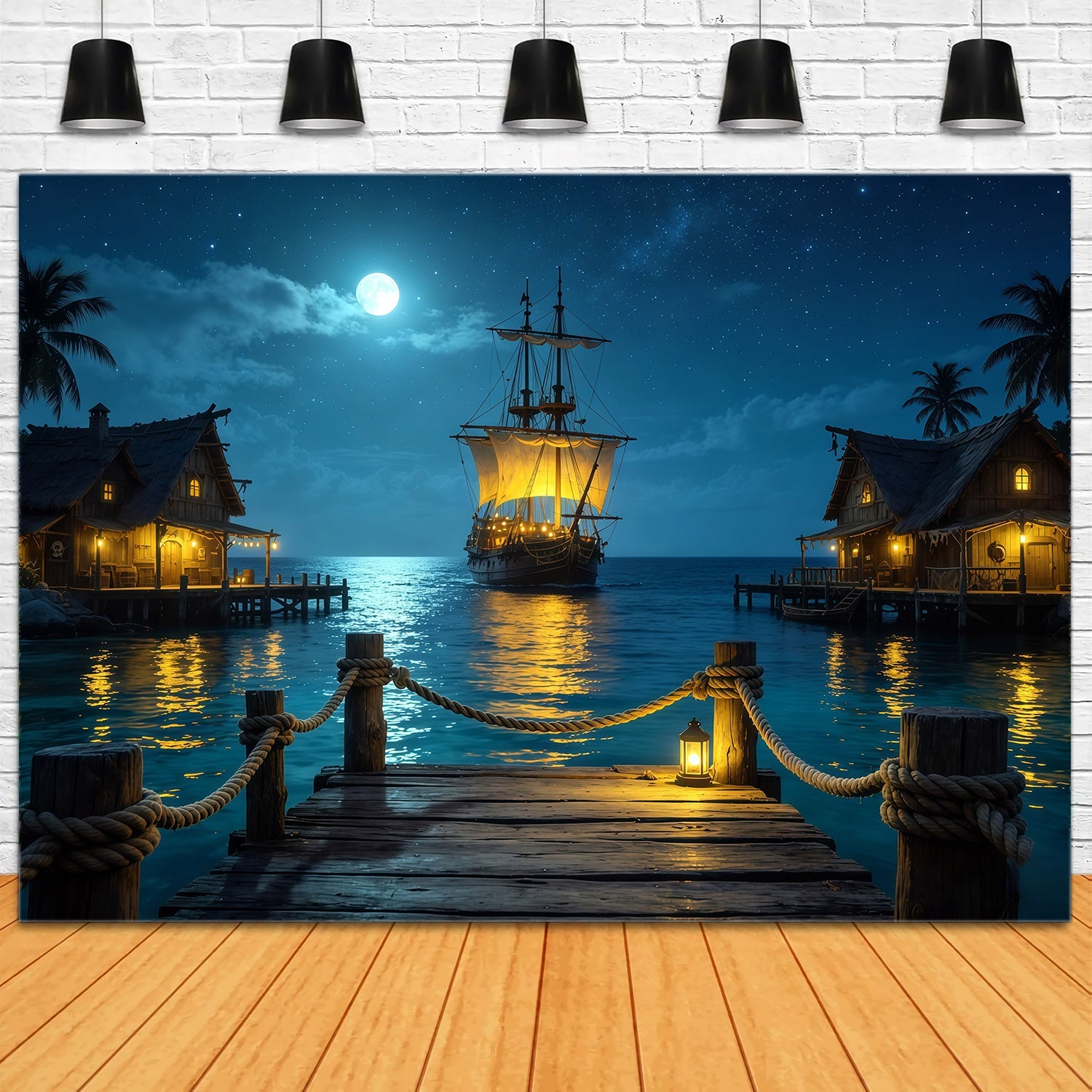 Caribbean Backdrop Moonlit Pirate Harbor Sailing Ship Summer Backdrop UK CSH64-78