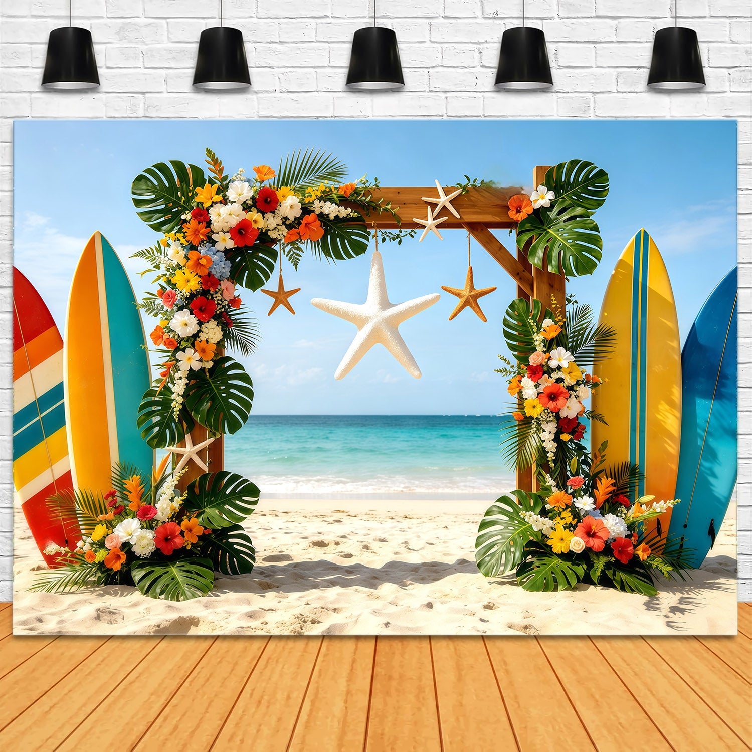 Beach Backdrop Tropical Surfboard Floral Starfish Arch Summer Photo Backdrop UK CSH64-86