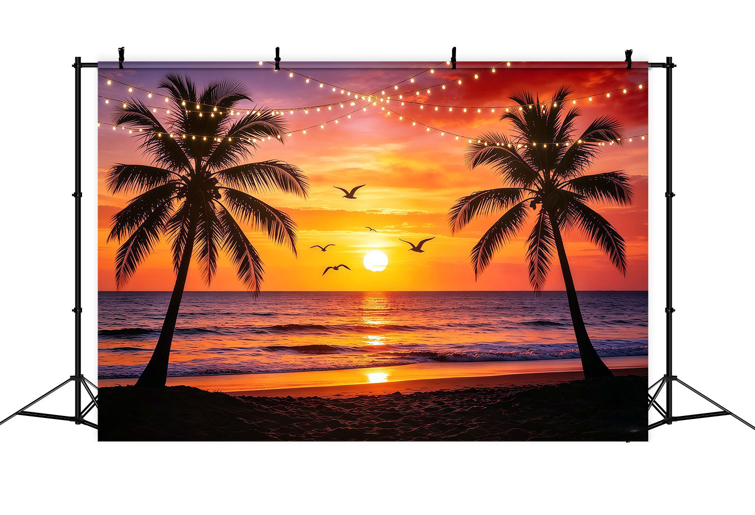 Beach Backdrop Sunset Palm String Light Sea Beach Backdrop For Photos UK CSH64-87