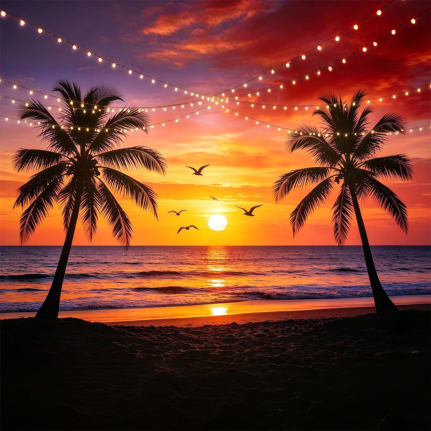 Beach Backdrop Sunset Palm String Light Sea Beach Backdrop For Photos UK CSH64-87
