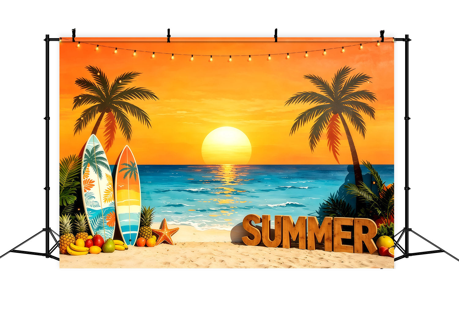 Beach Backdrop Sunset Surfboard Tropical Fruit Beach Summer Photo Backdrop UK CSH64-90