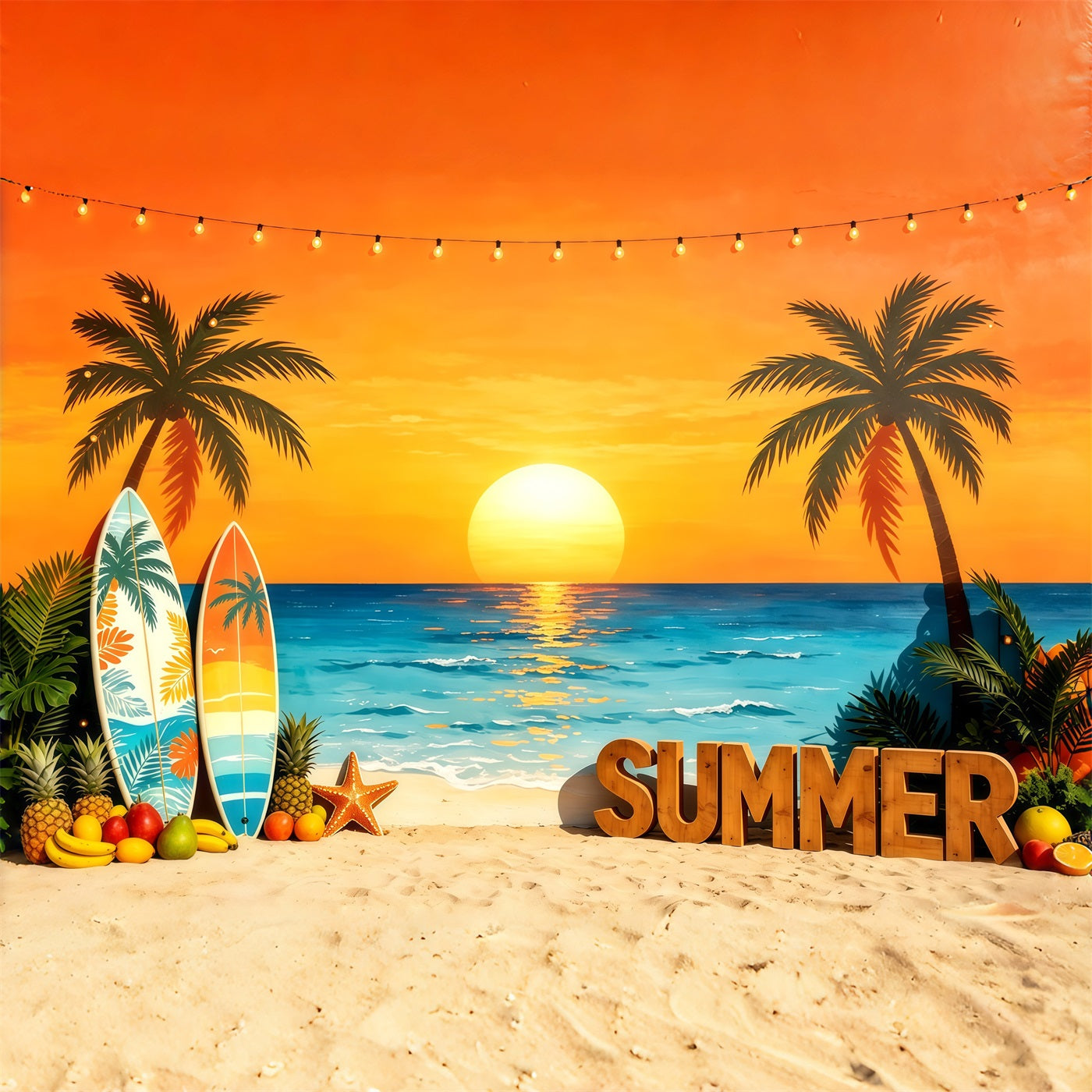 Beach Backdrop Sunset Surfboard Tropical Fruit Beach Summer Photo Backdrop UK CSH64-90