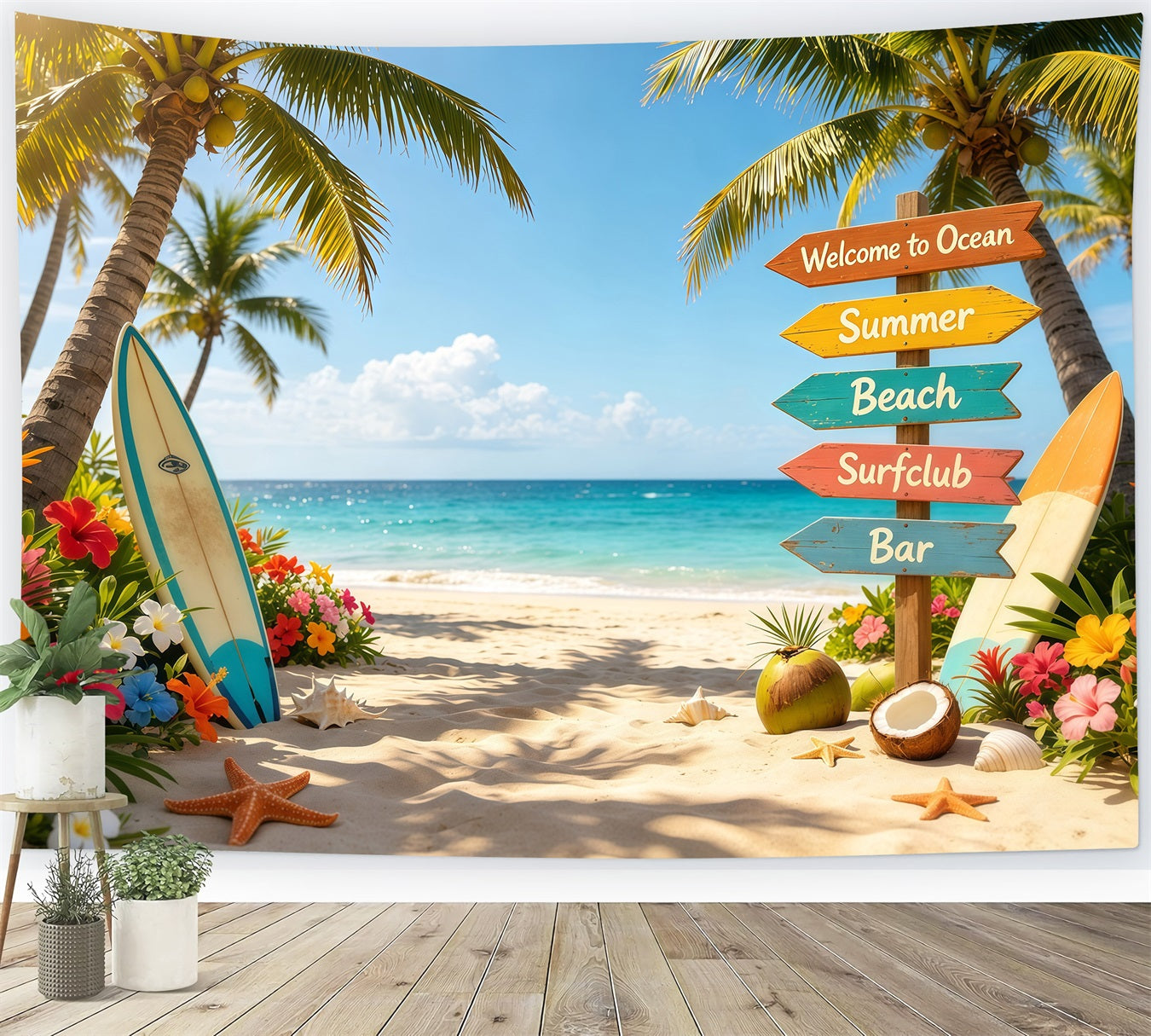 Beach Backdrop Tropical Signpost Surfboard Flower Beach Summer Backdrop Ideas UK CSH64-91