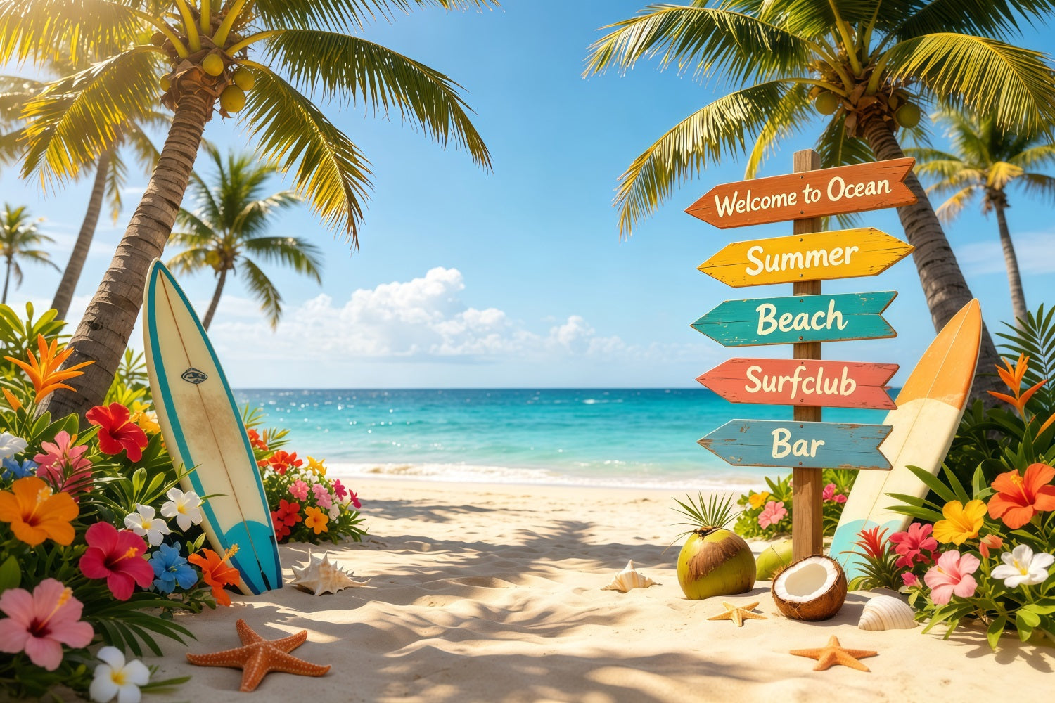 Beach Backdrop Tropical Signpost Surfboard Flower Beach Summer Backdrop Ideas UK CSH64-91