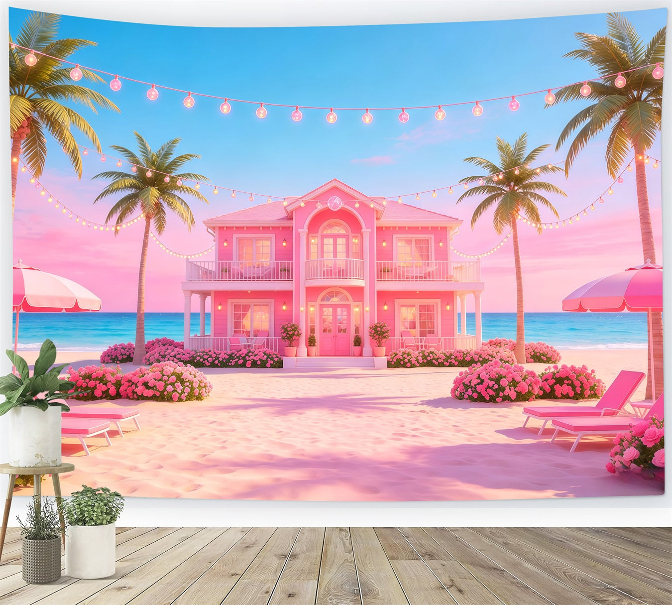 Beach Backdrop Pink Coastal Villa String Lights Beach Photo Backdrop UK CSH64-92